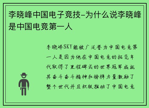 李晓峰中国电子竞技-为什么说李晓峰是中国电竞第一人